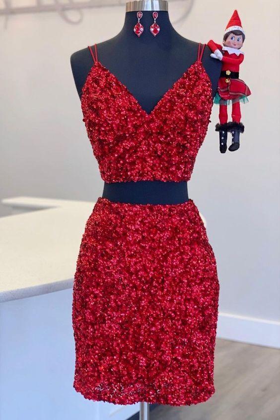 Two Piece Red Sequined Dress Lacey Homecoming Dresses CD24085