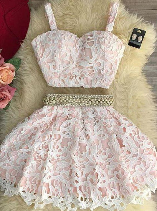 Cute Short Two Pieces Bria Lace Pink Homecoming Dresses CD244