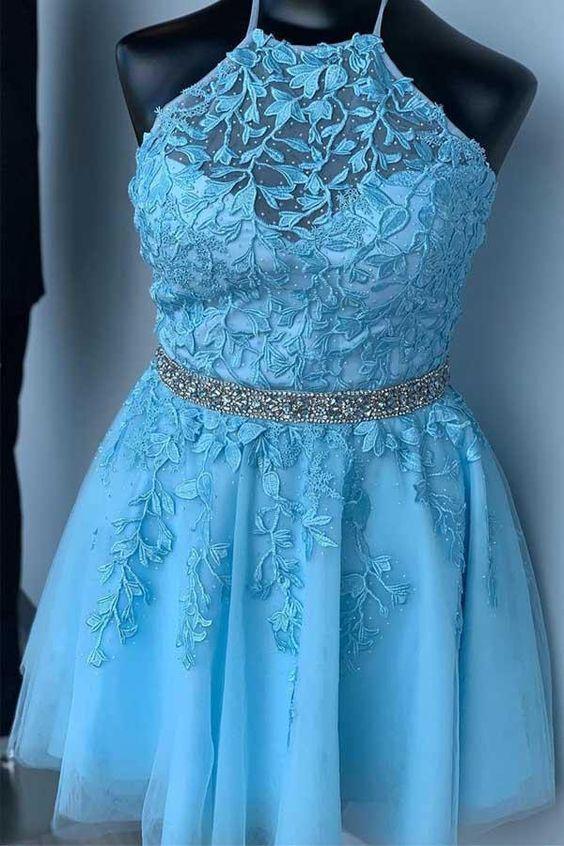 Homecoming Dresses Paola Halter Appliqued Blue With Beading Belt CD24746