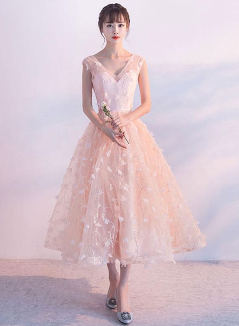 V Neck Tulle Short Dress Adelaide Homecoming Dresses Pink CD2550