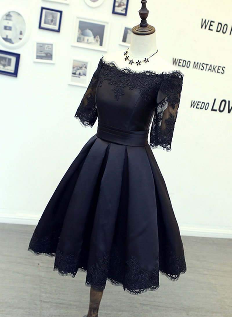 Black Short Satin Homecoming Dresses Lizbeth Lace Dress CD2795