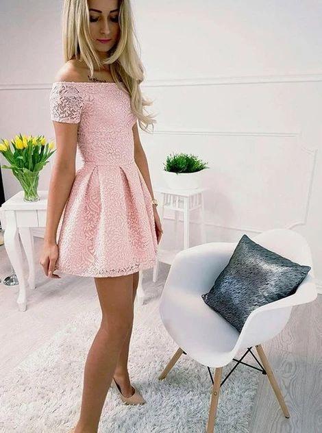 Blush Off Shoulder Kim Pink Lace Homecoming Dresses CD3016