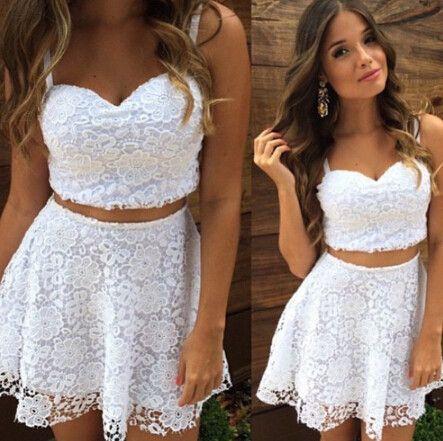 Two Piece Straps Short White Dress Cheap Azul Homecoming Dresses Lace Cocktail CD319
