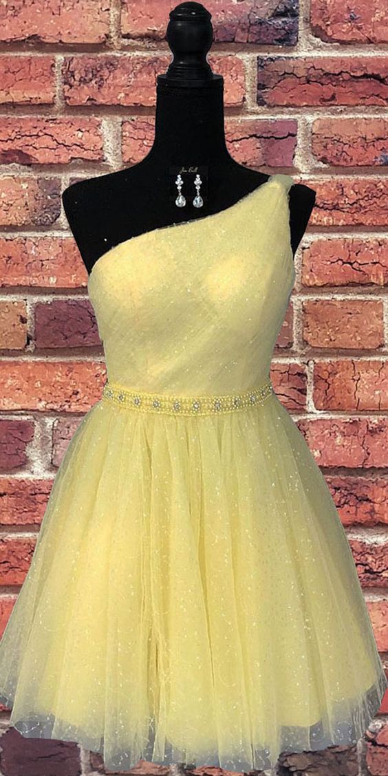 Homecoming Dresses Kenna Sparkly Tulle One Shoulder Yellow CD3352