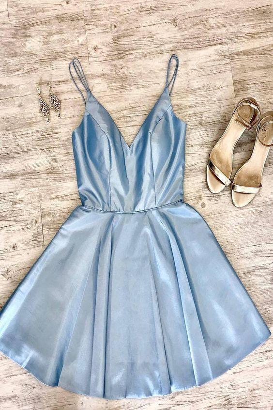 Double Straps Short Sky Mina Homecoming Dresses Blue Party CD3415