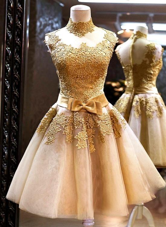 Gold , A-line , Joslyn High-neck Homecoming Dresses CD359