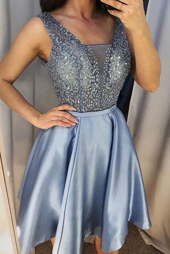 Short Blue With Homecoming Dresses Aiyana Blue Sequins Top CD3823