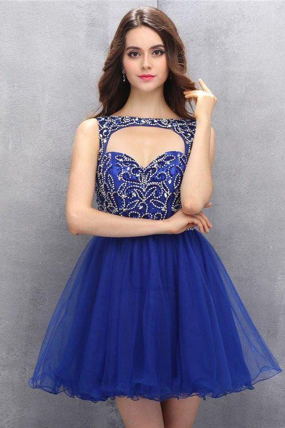 Blue Organza Knee Length Homecoming Dresses Mylee With Beading CD3930