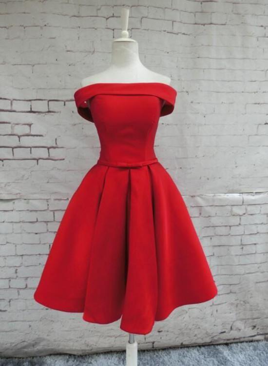Red Off Shoulder Party Homecoming Dresses Satin Raina Dress Vg4035