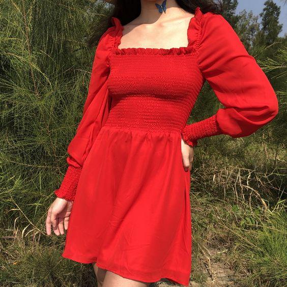 Red Square Neck With Long Sleeve Homecoming Dresses Heidy CD4225