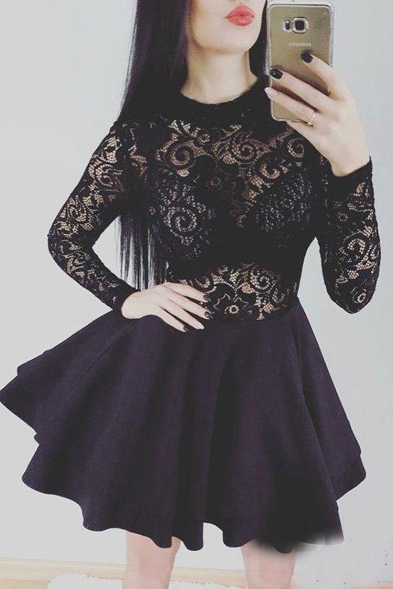 BLACK SHORT WITH Kathleen Homecoming Dresses LONG SLEEVES LACE CD4644