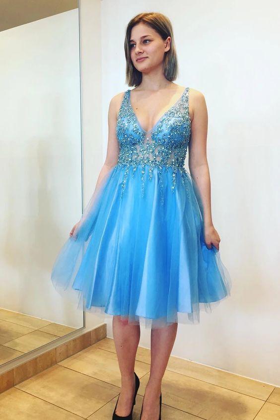 Felicity Homecoming Dresses Princess V Neck Knee Length Blue CD5165
