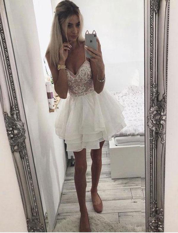 Spaghetti Straps Marlee Homecoming Dresses Chiffon White Short With Embroidery CD531