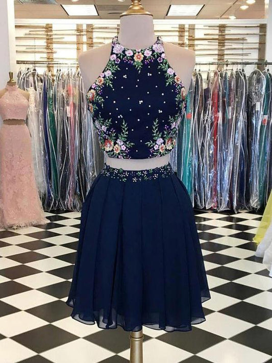 Sexy Navy Blue Short With Halter Neckline Affordable Two Pieces Homecoming Dresses Lilly CD590