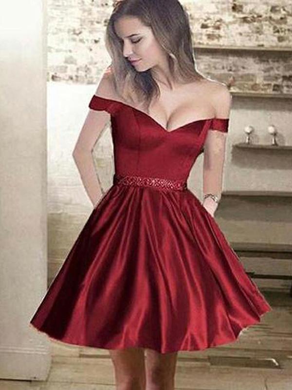 A-Line Off Shoulder Lucille Homecoming Dresses Burgundy With Beading CD668