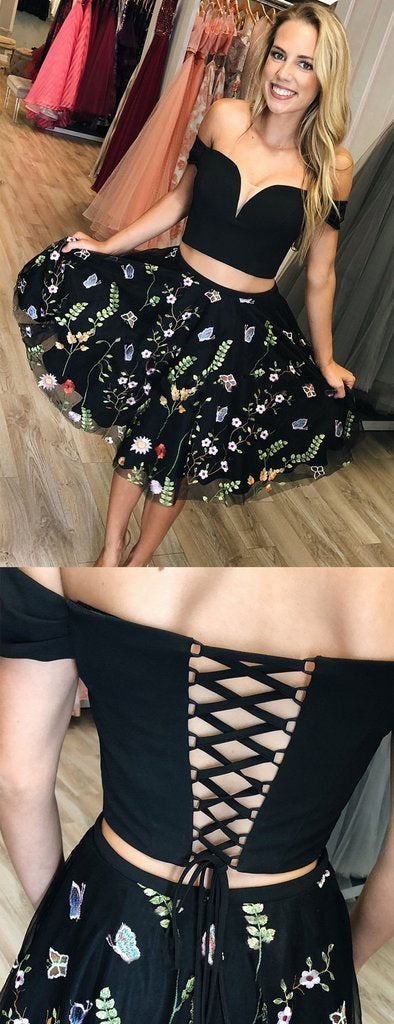 Black Two Piece Homecoming Dresses Janessa Off Shoulder Embroidery CD759