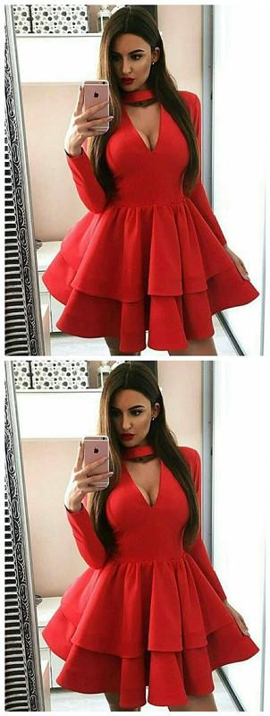 A-Line Long Sleeve Red With Kyra Homecoming Dresses Ruffles CD768