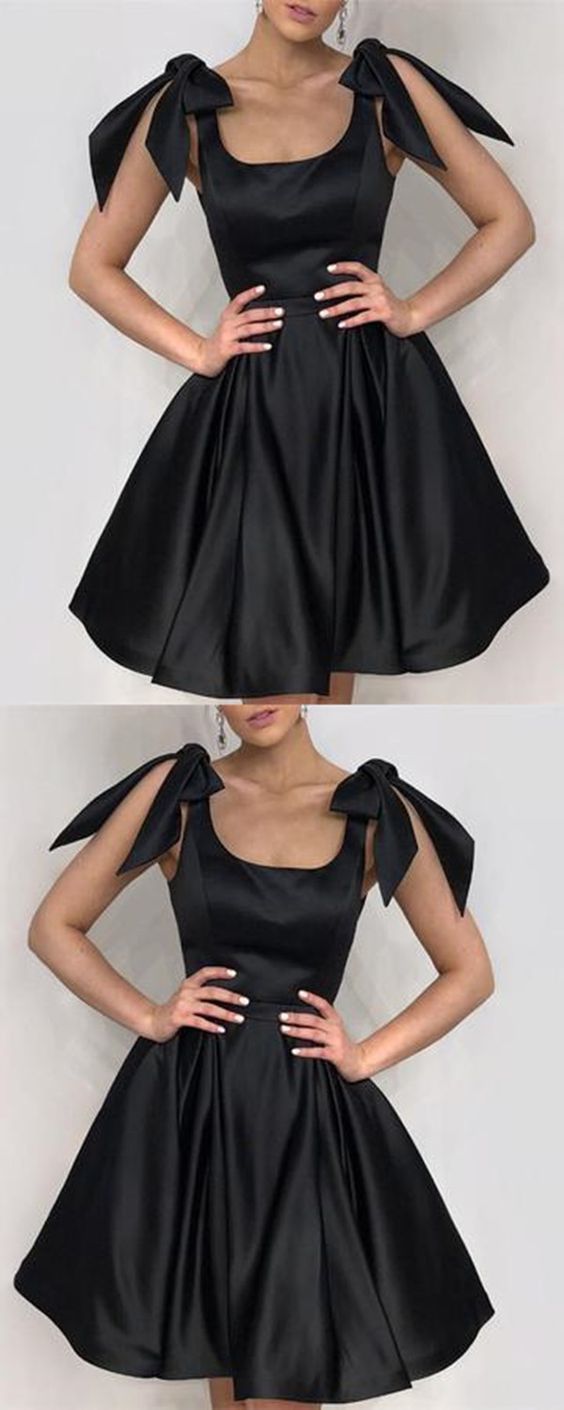 Elegant Faith Satin Homecoming Dresses Black Bow Shoulders Ruffles CD874