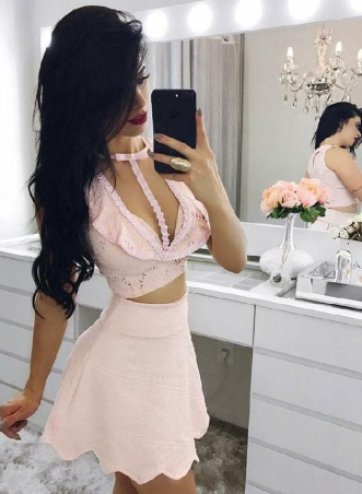 Homecoming Dresses Engrossing Pink, Lace, Amara Two Piece CD885