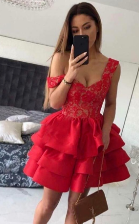 Red Homecoming Dresses Breanna Lace V-Neck Straps Short CD960