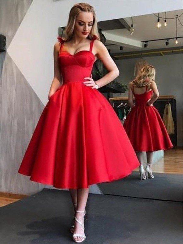 A-Line/Princess Straps Satin Sleeveless Ruffles Tea-Length Dresses Gina Homecoming Dresses