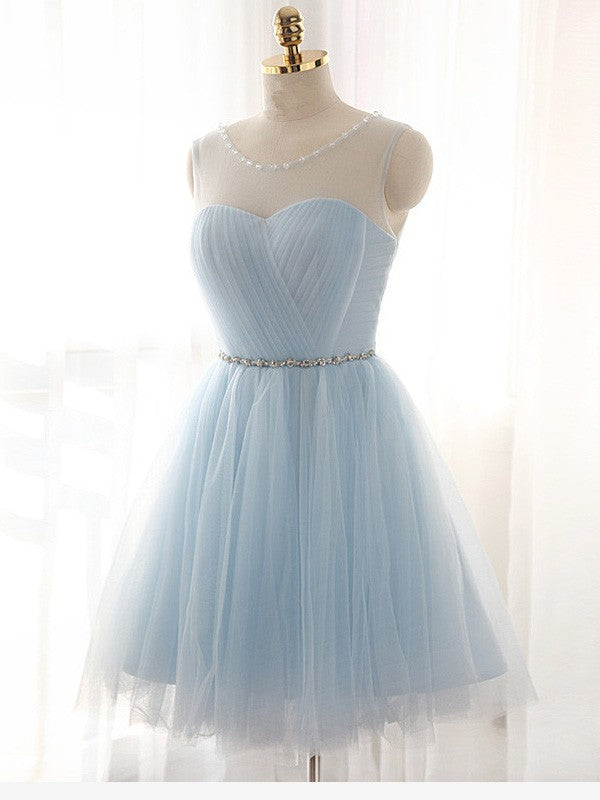 A-Line/Princess Sasha Scoop Homecoming Dresses Beading Sleeveless Short/Mini Tulle Dresses