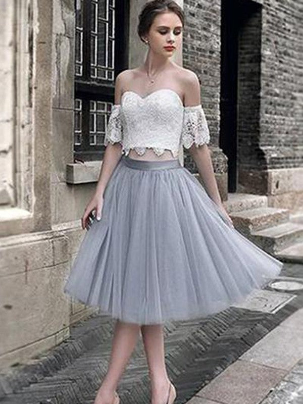A-Line/Princess Lace Sweetheart Dulce Tulle Sleeveless Tea-Length Homecoming Dresses Two Piece Dresses