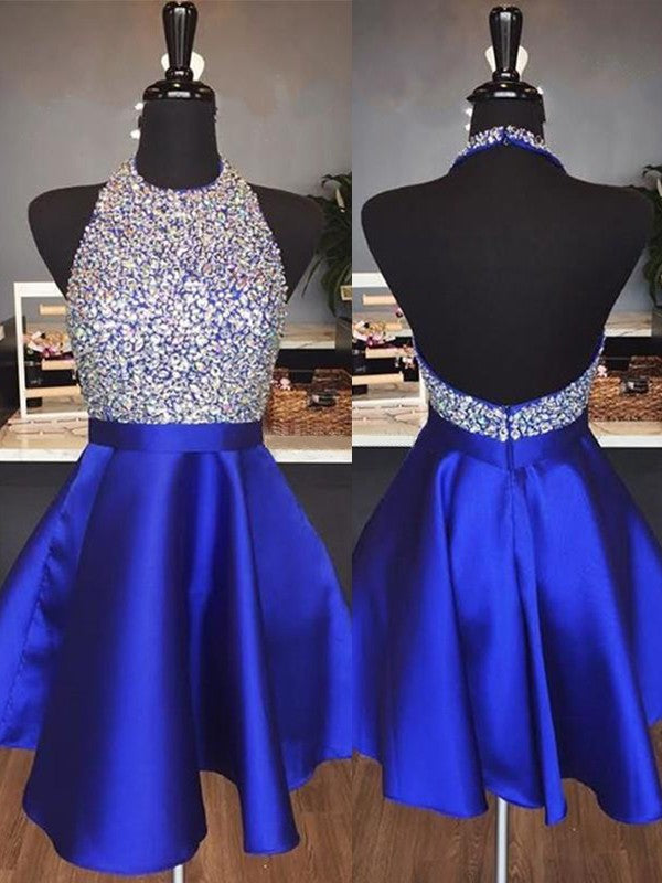 A-Line Halter Cut Short With Beading Satin Homecoming Dresses Royal Haylee Blue