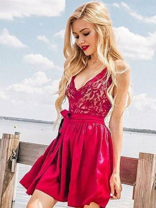 Braelyn A-Line/Princess Satin Lace Homecoming Dresses V-neck Sleeveless Short/Mini