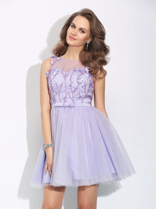 A-Line/Princess Bateau Applique Sleeveless Homecoming Dresses Short Amya Satin Dresses