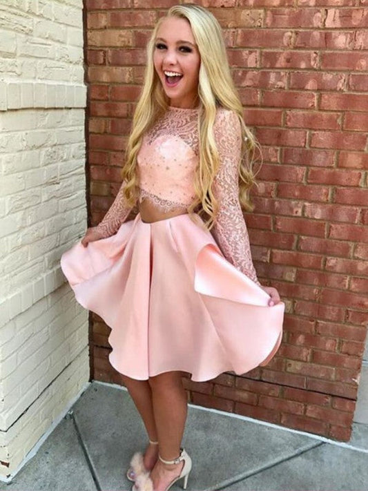 A-Line/Princess Homecoming Dresses Long Sleeves Sheer Neck Satin Lace Short/Mini Two Piece Dresses Nathaly