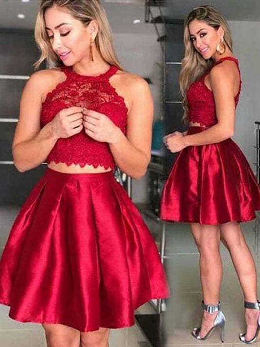 A-Line/Princess Sleeveless Halter Satin Marley Homecoming Dresses Lace Short/Mini Two Piece Dresses