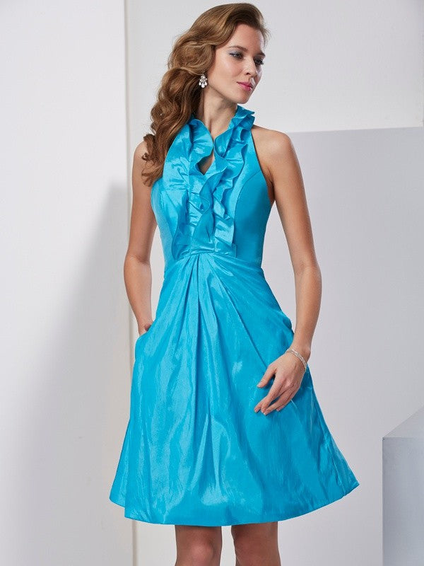 A-Line/Princess Carolyn Halter Sleeveless Ruffles Short Taffeta Homecoming Dresses