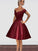 Rowan A-Line Homecoming Dresses Off-the-Shoulder Cut Short With Applique Satin Burgundy