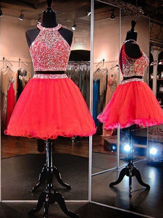 A-Line/Princess Sleeveless Halter Tulle Beading Short/Mini Phoebe Two Piece Homecoming Dresses Dresses