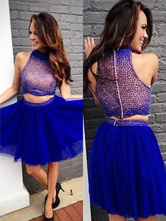 A-Line/Princess Sleeveless High Neck Beading Tulle Short/Mini Two Piece Nora Homecoming Dresses Dresses